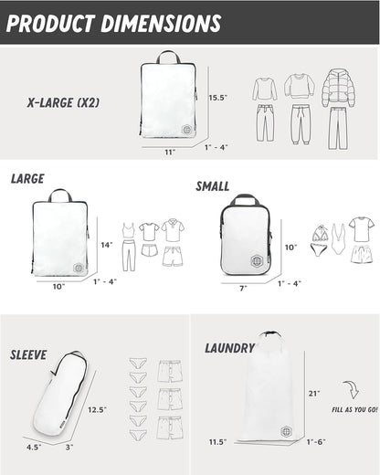 Large Compression Packing Cubes for Travel-Packing Cube Luggage Organizers 7 Piece Set for Checked Luggage-Ultralight, Expandable/Compression Bags by TRIPPED Travel Gear (White/Grey)
