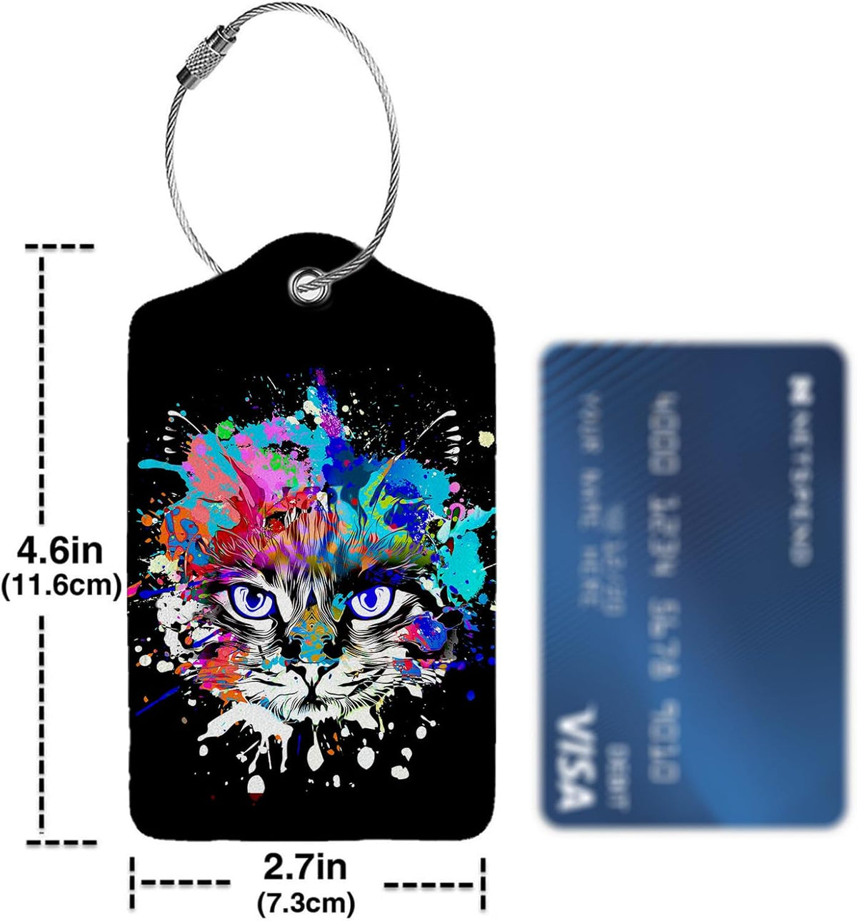 Colorful Cat Head 2 Pack Luggage Tag for Suitcase, Leather Bag Tags Identifiers Privacy Cover ID Label with Steel Loop for Women Men Kids Girls Travel
