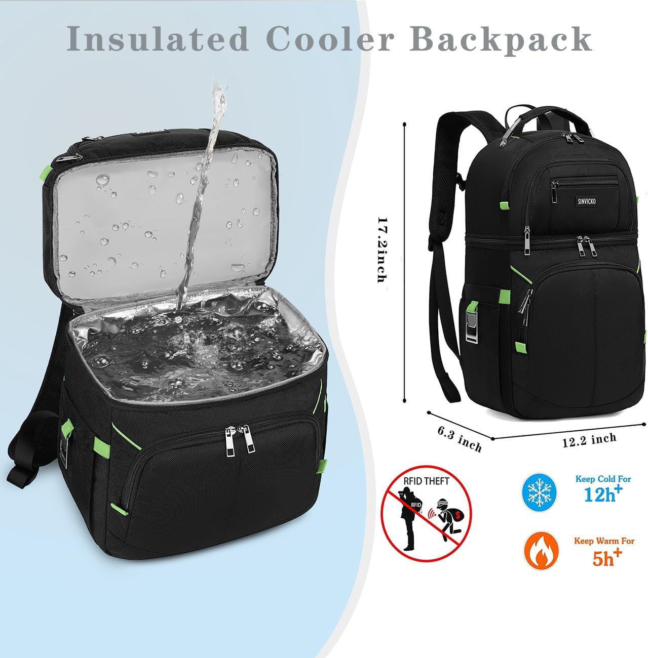 Insulated Cooler Backpack,Double Deck Leakproof Cooler Bag,Insulated Backpack Cooler Lunch Backpack for Men Women