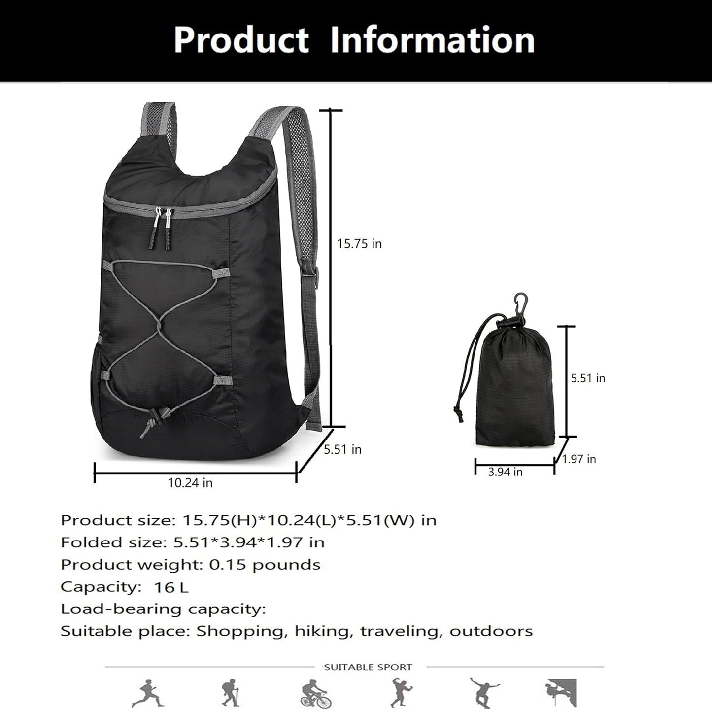 16L Hiking Daypack Lightweight Foldable Travel Backpack Water Repellent Camping Outdoor Packable Easy Carry-on Bag (Black&Gray)