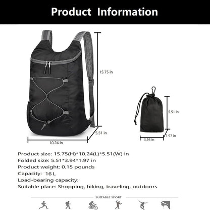 16L Hiking Daypack Lightweight Foldable Travel Backpack Water Repellent Camping Outdoor Packable Easy Carry-on Bag (Black&Gray)