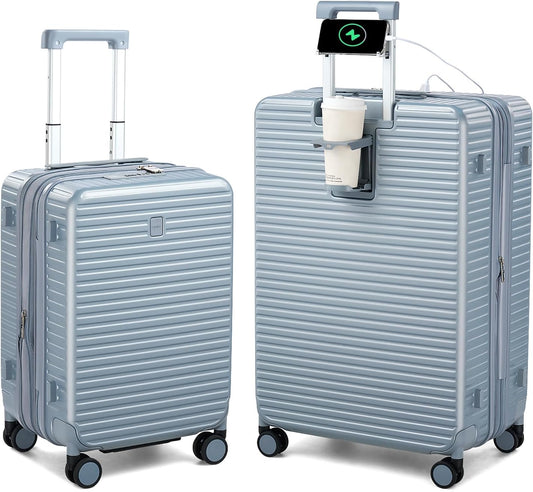 Hard Shell Suitcases Expandable Travel Luggage Sets 2 Piece, Carry on and Check in Luggage Lightweight Suitcase Set 2 Piece with Wheels Cup Holder Charger Built in (Silver, 20/28)