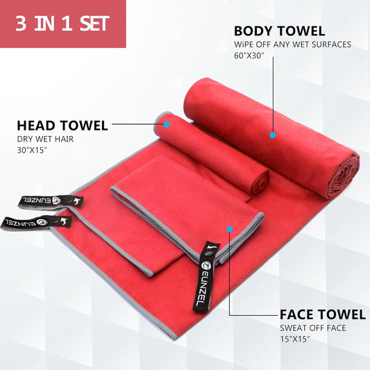 Eunzel Quick Dry Camping Towel, Microfiber Travel Towel 3 Size at 1 Pack,Fast Drying Towel Set for Camping, Beach, Gym, Sports, Yoga & Swimming Pool, Red