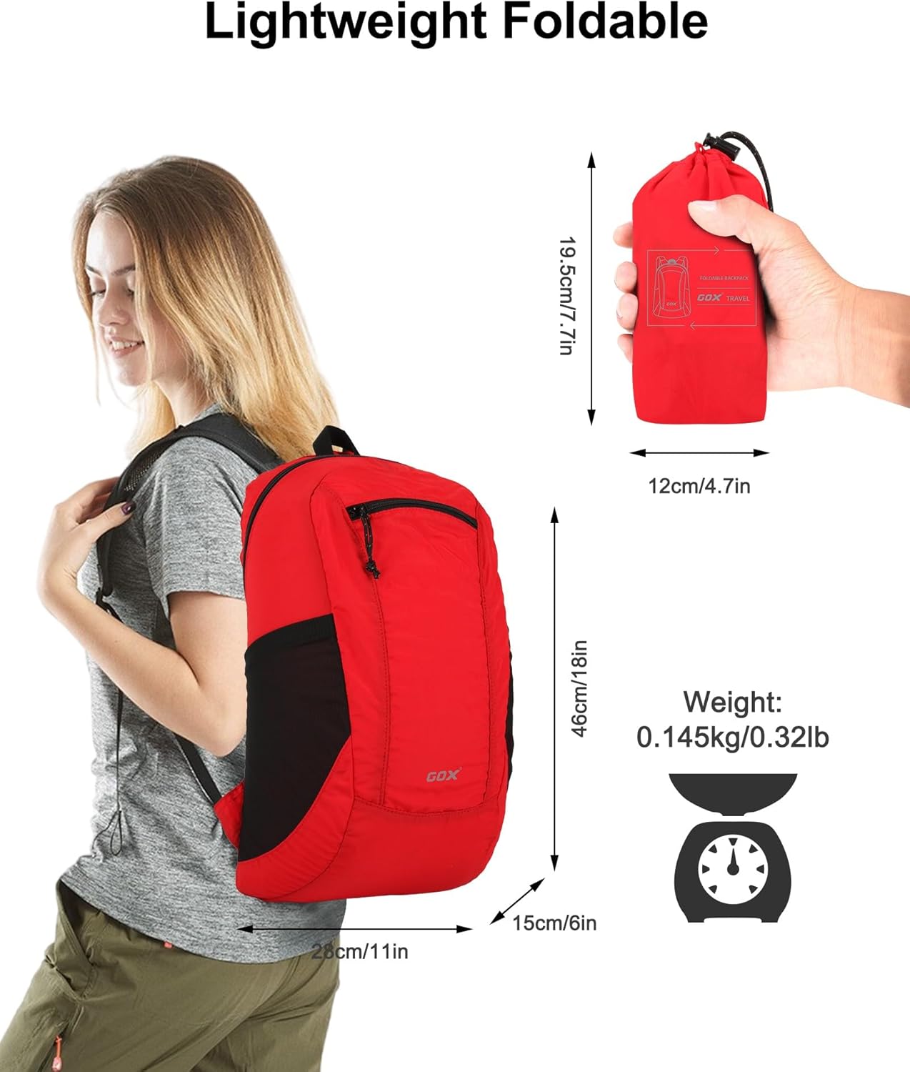 GOX Foldable 20l Backpack For Travel Lightweight Hiking Packable Daypack for Men Travel Camping Outdoor Bag Women (Red)