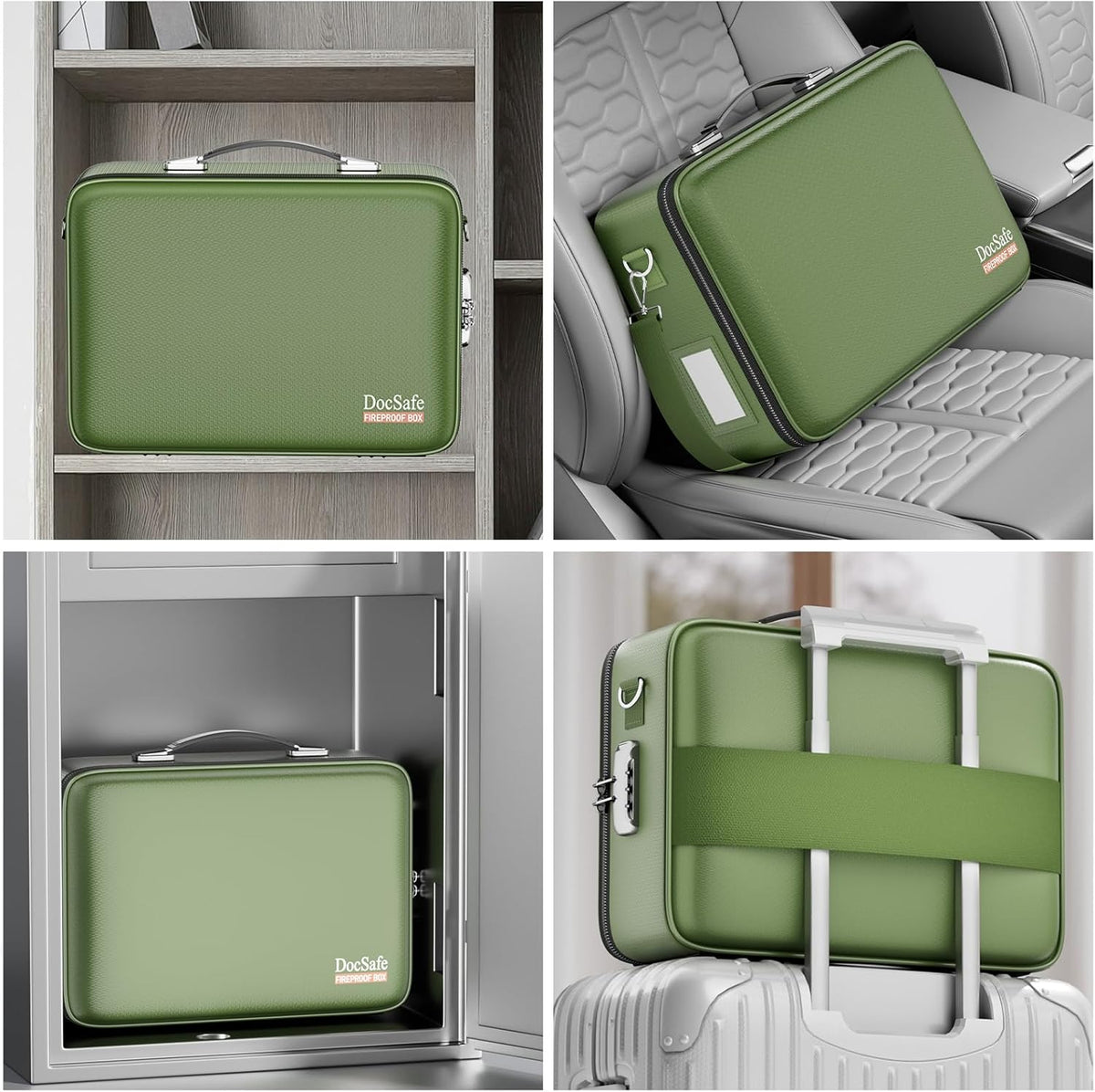 DocSafe Fireproof Document Box with Lock, Hard Case File Organizer with Accordion File Folder, Fireproof Water Resistant Safe Box Home Office Travel Storage for Important Documents Laptop Green