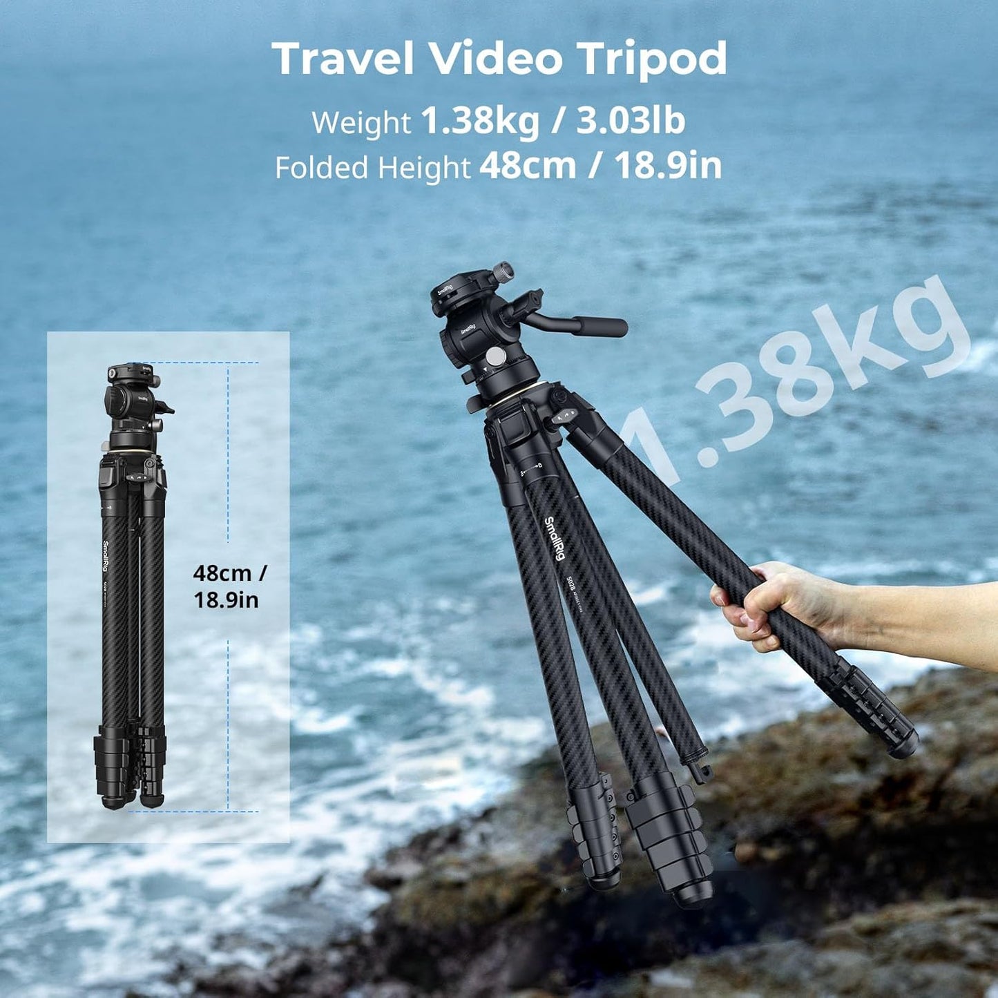SmallRig Portable Carbon Fiber Travel Tripod Kit, 61.8'' Video Camera Tripod Monopod Video Head, Built-in QR Plate for Arca, Switchable Centre Column, Max Load 3kg / 6.6lb for Cameras, DSLR