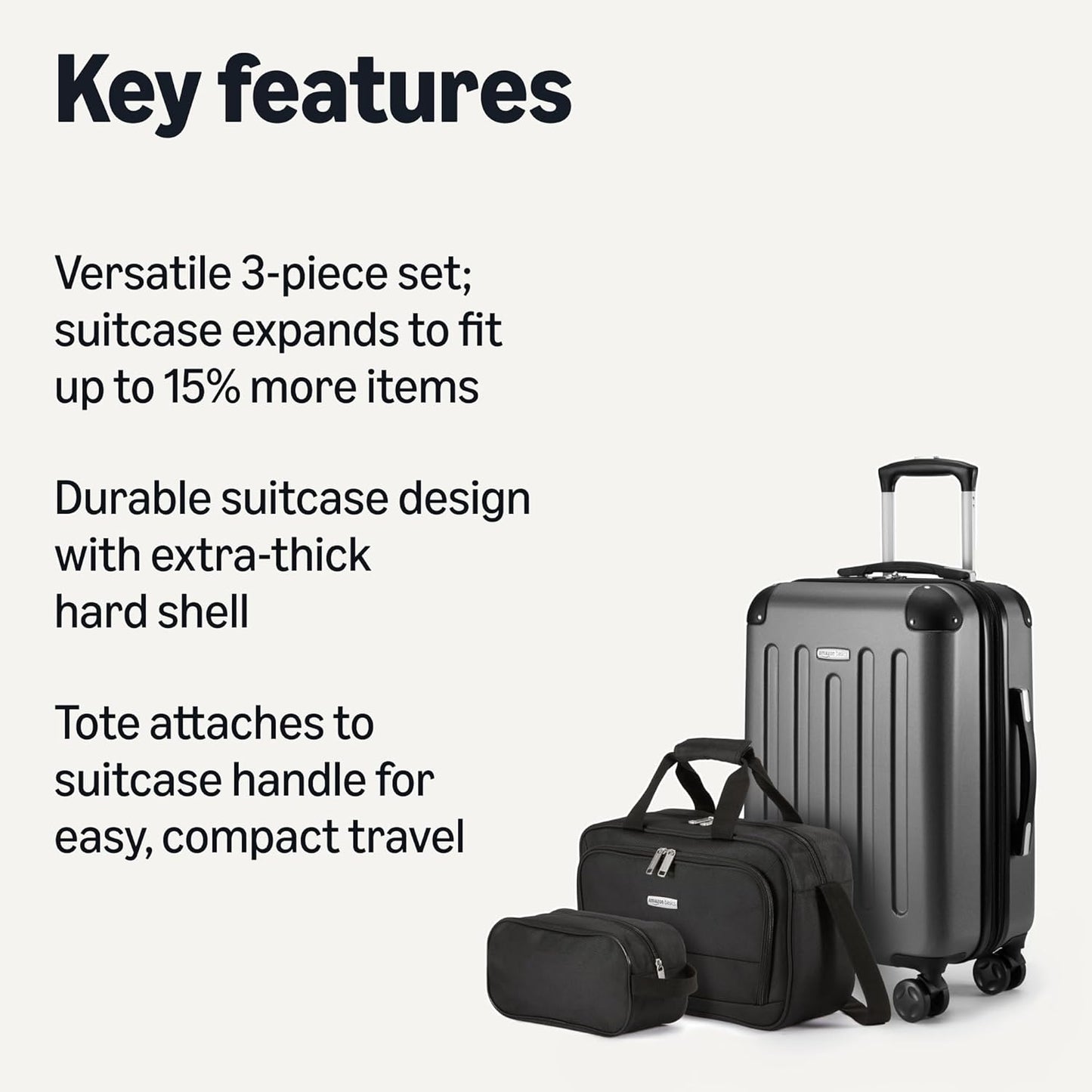 Amazon Basics 3-Piece Luggage Set, Including Carry-On Luggage (22" Expandable Hardside Suitcase With 8 Spinner Wheels), 15" Tote Bag, and 10" Compact Travel Bag, Black
