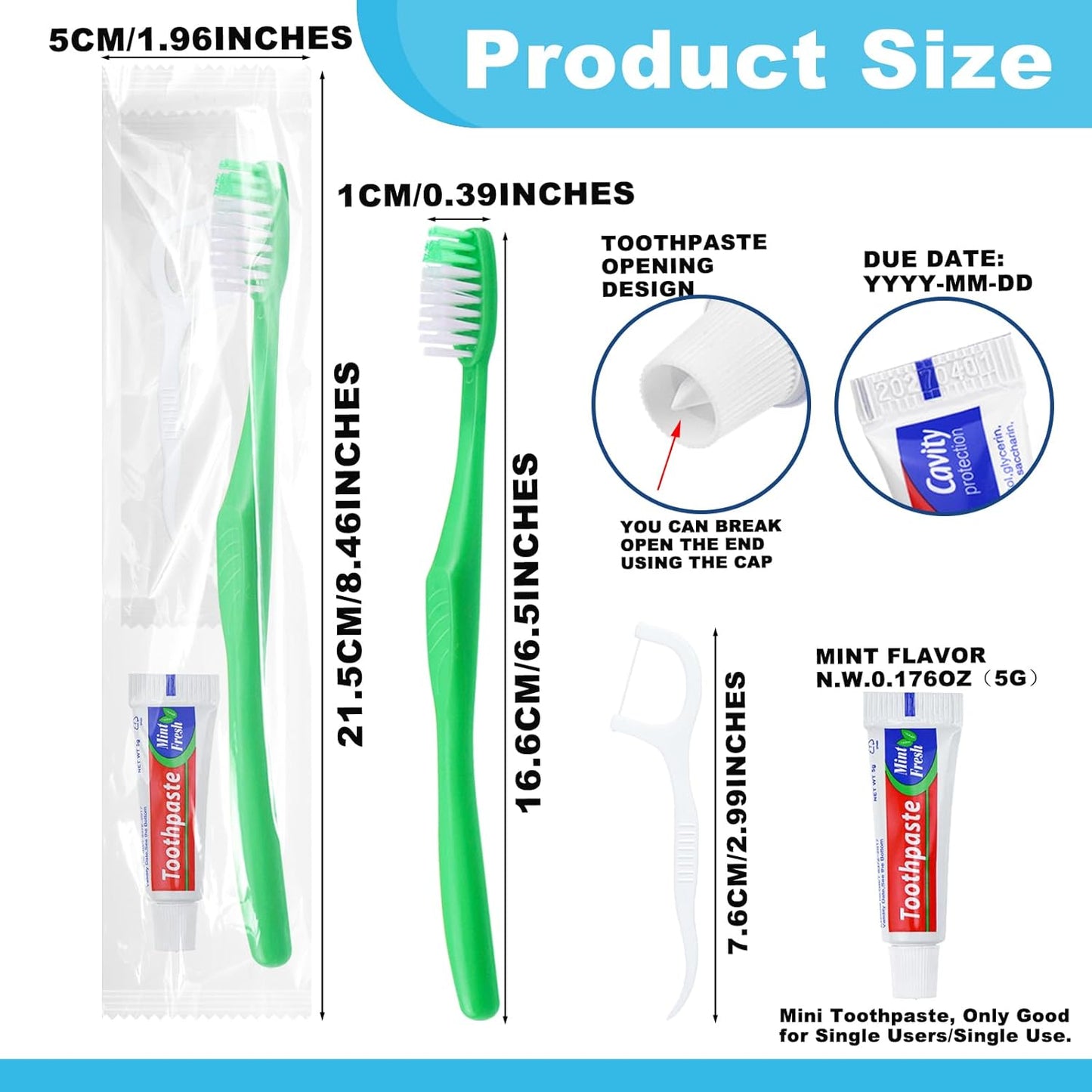 Disposable Toothbrushes with Toothpaste and Floss,100Pcs Green Single Use Individually Wrapped Disposable Travel Toothbrushes and Dental Floss Kit Bulk for Homeless,Airbnb,Hotel,Dentist