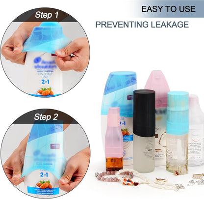 Travel Hanging Toiletry Bag for Women, Large Makeup Bag 8 Leak Proofing Silicone Bottle Covers, Waterproof Cosmetic Bag with Jewelry Organizer Compartment, Toiletries Kit Set, Navy Blue