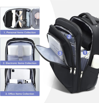 Rolling Backpack for Adults,17 Inch Waterproof Underseat Carry On Luggage, Wheeled Carry-on Luggage, Travel Backpack for Men Women， Trolley Laptop， Black Medium