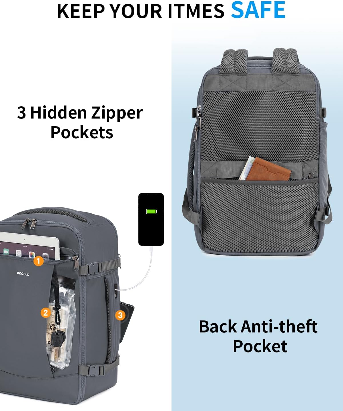 ECOHUB Travel Backpack for Men Women, Carry on Backpack with USB Charging Hole, Spirit Airlines Personal Item Bag Flight Approved, 15.6 Inch Laptop Backpack with Anti Theft Pockets, 30L, Grey