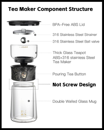 ZENS Cool Glass Teapot with Infuser, Smart One Touch Tea Maker for Loose Tea Diffusers with Insulated Mug and Portable Tea Kits, Enchanted Teapot Alternatives for Tea Lover Gifts