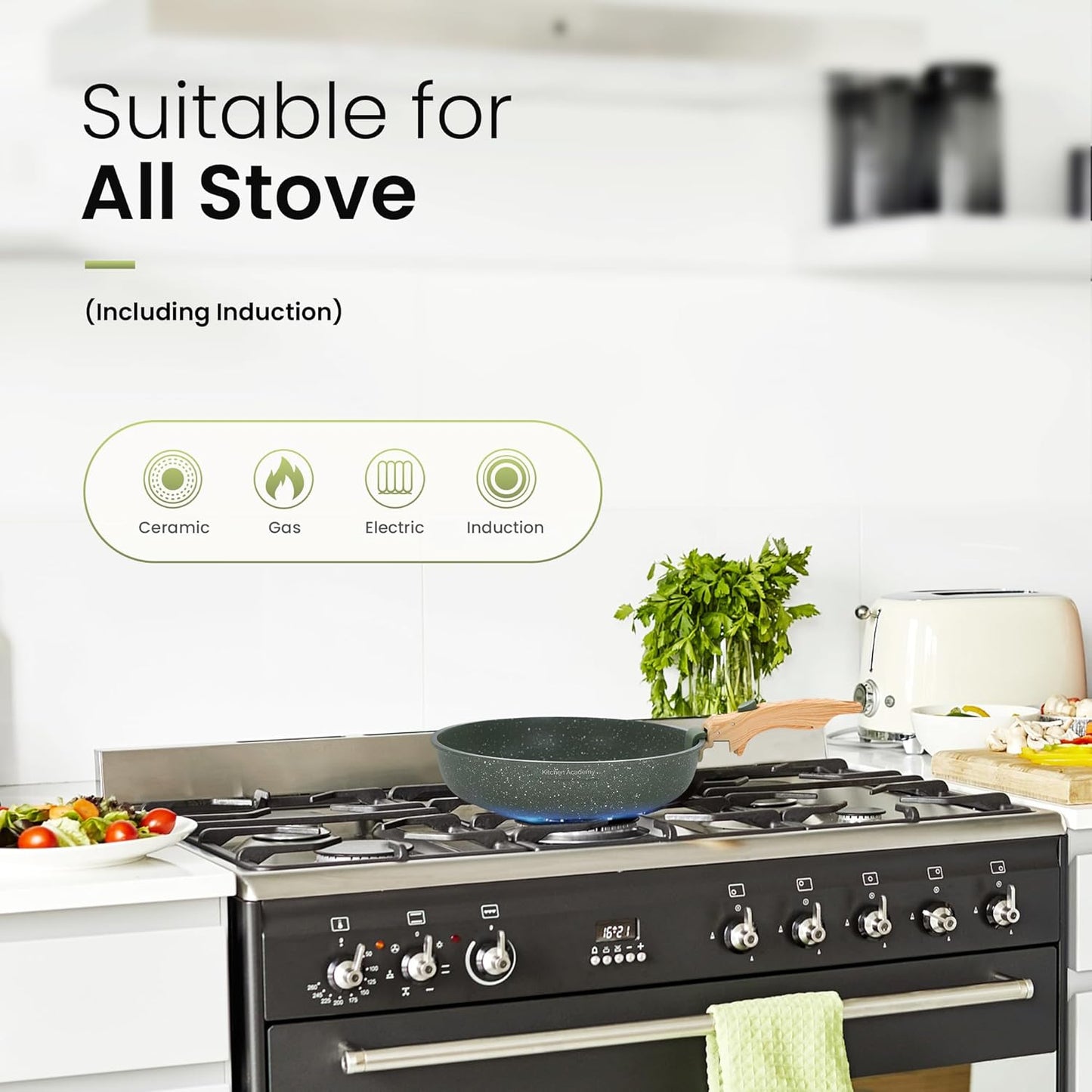 Kitchen Academy Removable Handle Pots and Pans Set - 10 Pieces Green Cookware Set with Removable Handle, RV Induction Cookware Set for Camp