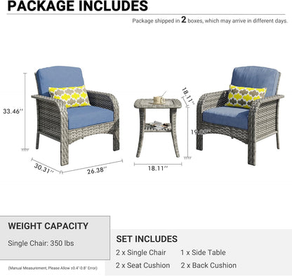 HOOOWOOO Patio Furniture Set,3 Pieces Outdoor Conversation Set,All Weather Wicker Bistro Set Yard Porch High Back Chairs Side Table,Denim Blue