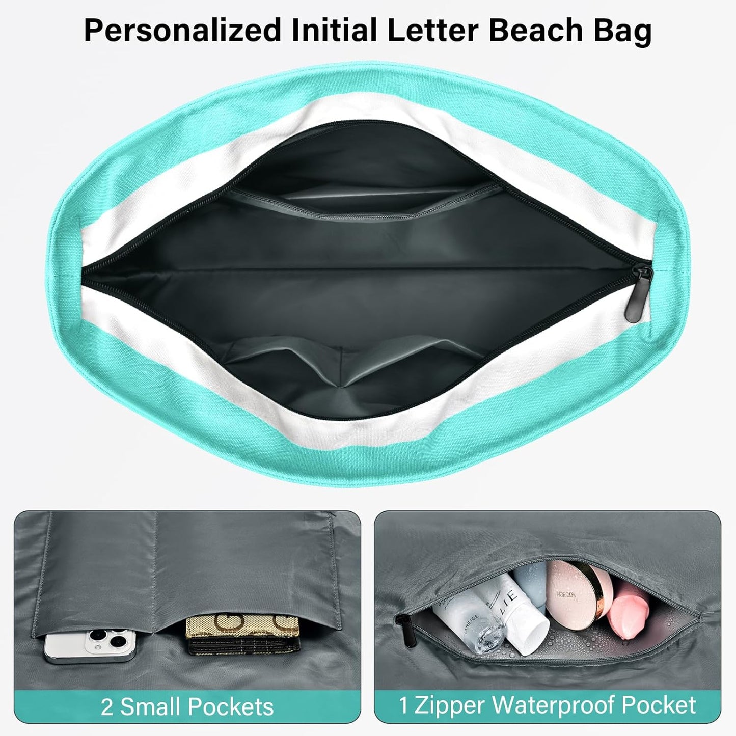 Becokan Beach Bag Initial Beach Tote with Makeup Bag for Travel Work Storage Personalized Birthday Gifts for Women Her