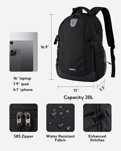 WATERFLY Small Casual Travel Backpack: 20L for Men Women Work Commuter Everyday EDC Daypack Hiking Gym Sport Workout Black
