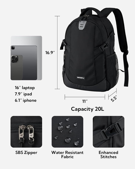 WATERFLY Small Casual Travel Backpack: 20L for Men Women Work Commuter Everyday EDC Daypack Hiking Gym Sport Workout Black