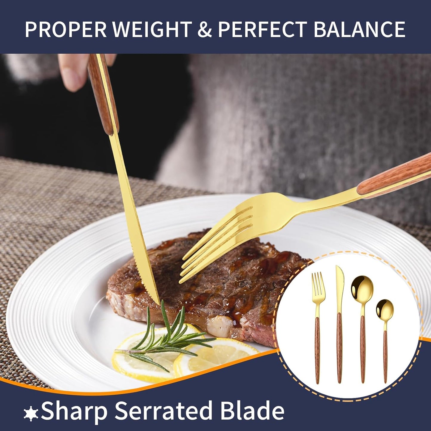 16 Pcs Gold Silverware Set with Simulated Wooden Handle for 4,Stainless Steel Cutlery Set,Mirror Polished Tableware Utensils Flatware Set,Include Knives Spoons and Forks set,Dishwasher Safe