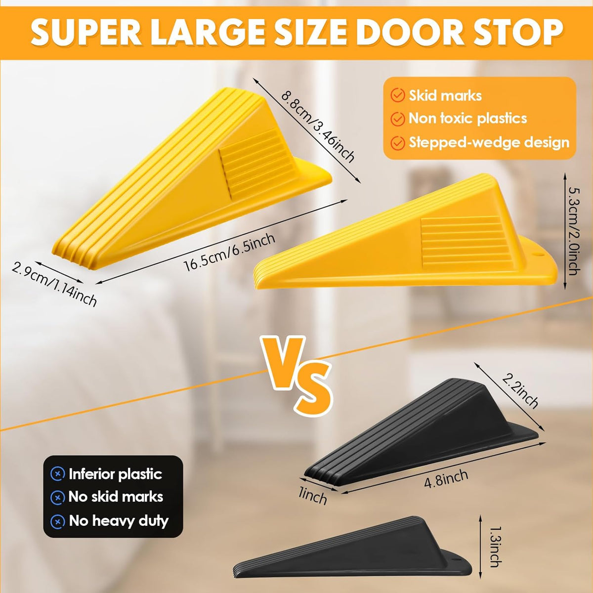 Frienda 2 Pcs Jumbo Door Stoppers Heavy Duty Door Stopper Tall up to 2inch Tall Wedge TPR Large Wedge Stackable Big Rubber Doorstop for Hotel Carpet Hardwood Concrete and Tile (Yellow)
