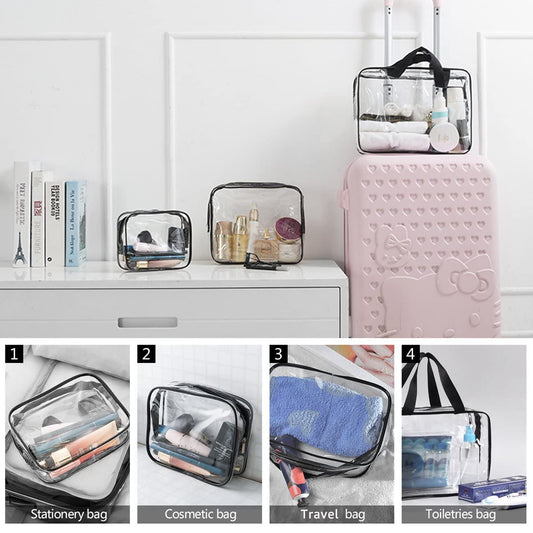 4Pcs Crystal Clear PVC Travel Toiletry Bag Kit for Women Men, Waterproof Vinyl Packing Organizer Storage Bags with Zipper Handle Straps, Cosmetic Pouch Carry on Airport Airline Compliant Bag Handbag
