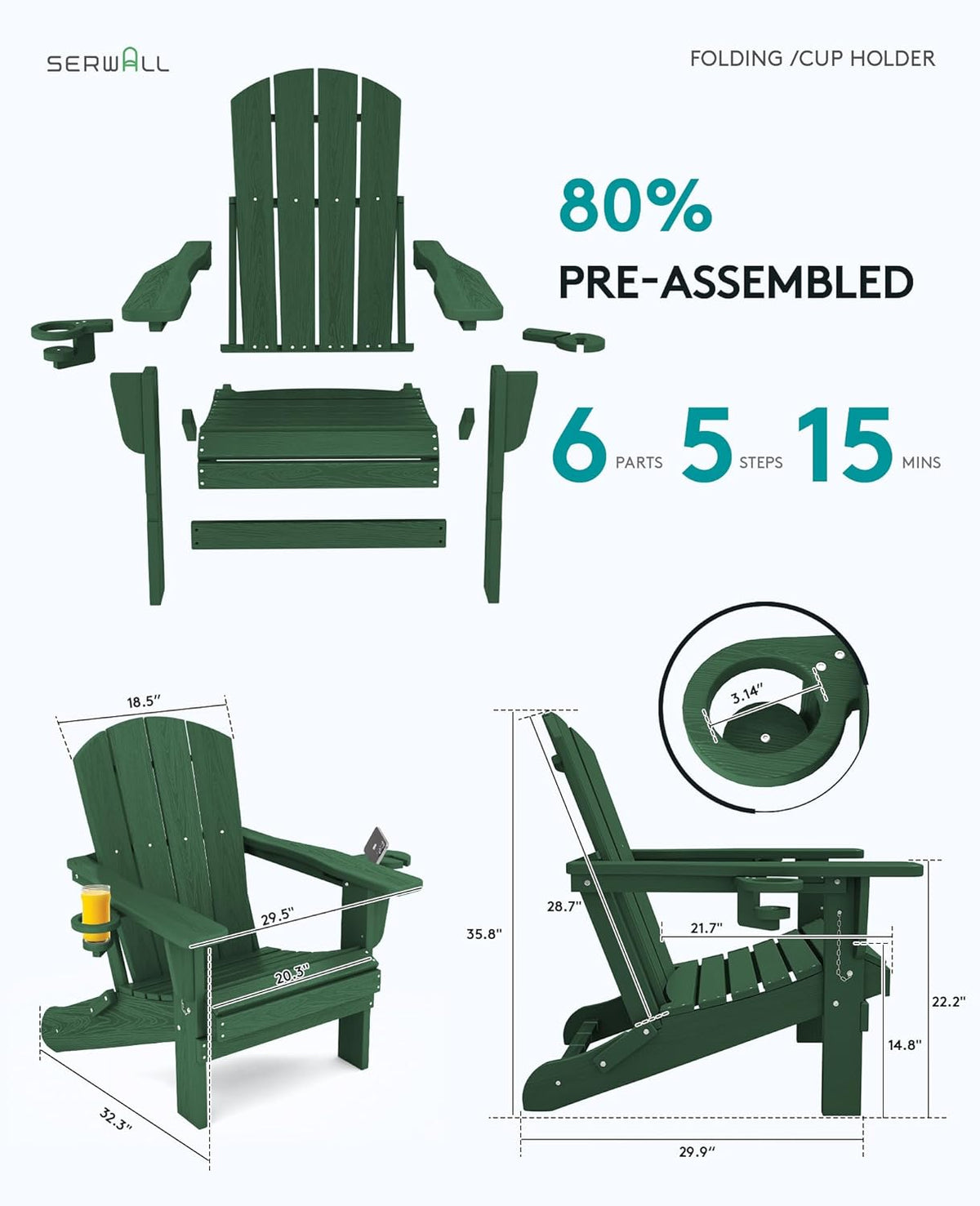 SERWALL Adirondack Chair with Cup Holders - Composite Adirondack Chairs Set of 6 HDPE Outdoor Chairs All Weather Use- Green