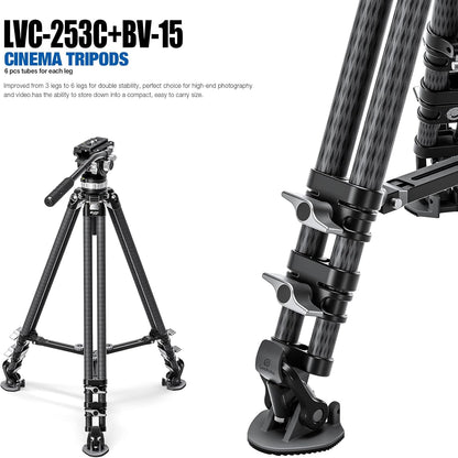 Leofoto LVC-253C+BV-15 King Kong Series Carbon Fiber Dual Leg Video Tripod w Fluid Head & Middle Spreader