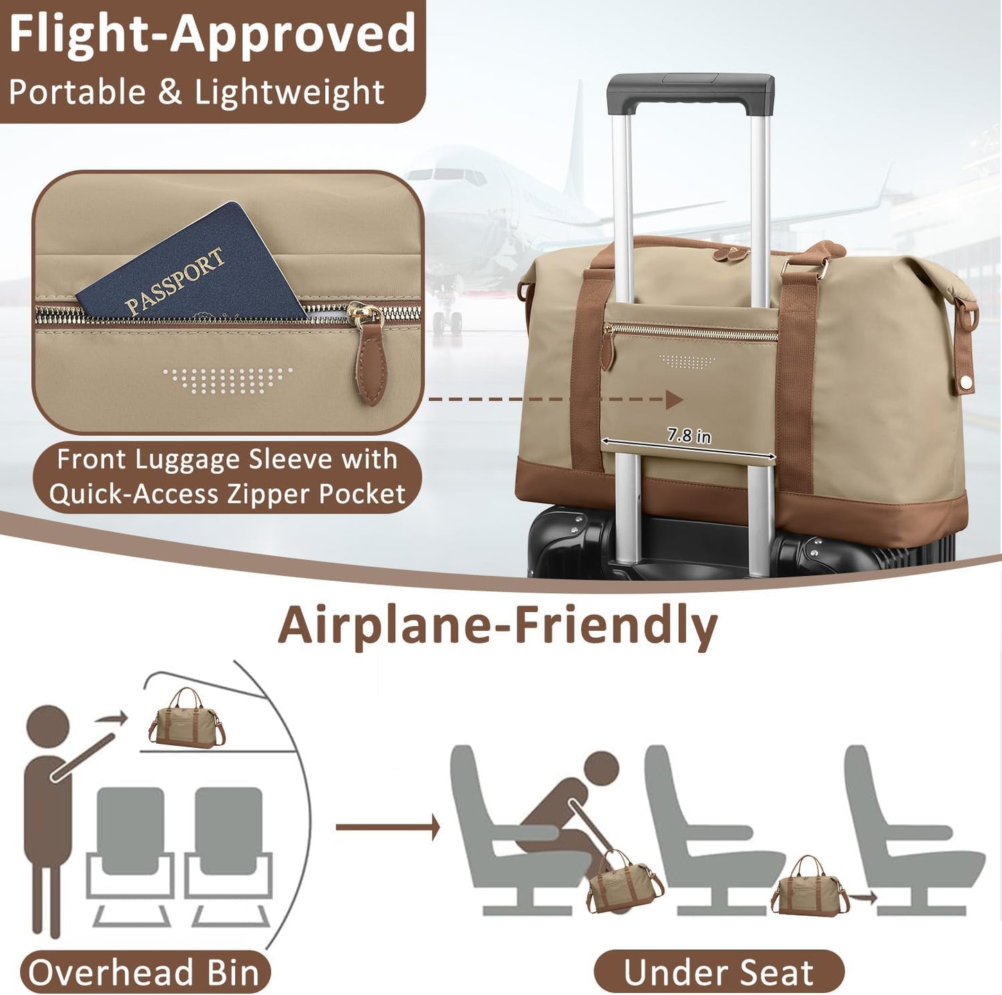 Travel Duffle Bag for Women, Weekender Bags, Hospital Bag for Labor Delivery, Lightweight Tote Duffel Overnight Bag with Luggage Sleeve, Airplane Travel Bags with Toiletry Bag, Large, Khaki