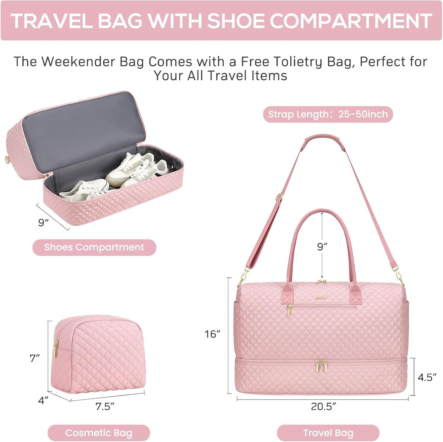 Travel Weekender Bags for Women - Duffle Bag Women with Shoe Compartment Carry On Overnight Bag with Toiletry Bag Duffel Bags with Wet Pocket for Gym Hospital Bags for Labor and Delivery Pink