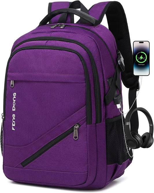 FENGDONG Durable Waterproof Travel Large Laptop Backpack 17.3 inch,College Backpack Bookbag for Men & Women Business Backpack with USB Charging Port and Headset Port Purple