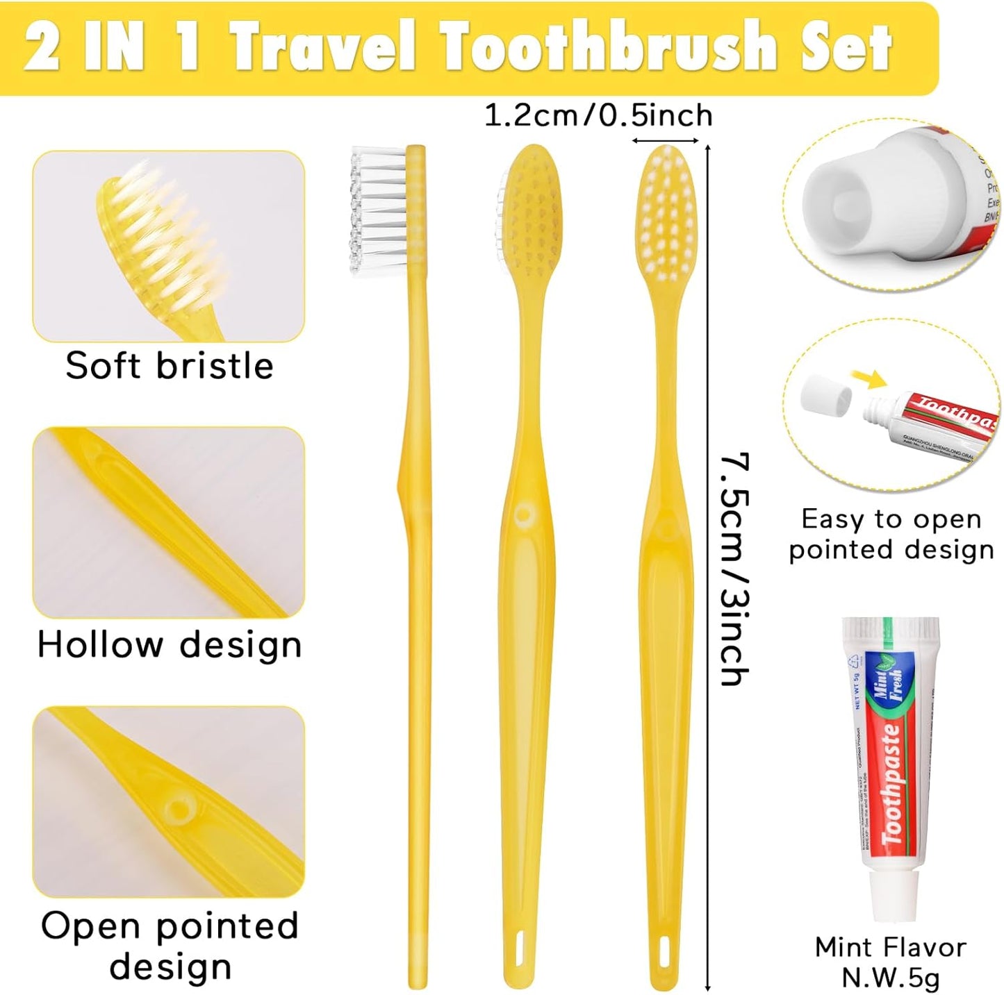 HOFASON Disposable Toothbrushes with Toothpaste Pack of 30, Yellow Hollow Travel Toothbrush Set with 5g Toothpaste Individually Wrapped Toothpaste Bulk for Homeless, Nursing Home, Shelter, Hotel