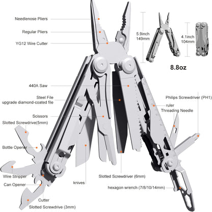 Multitool Stainless Steel Multi-Tool Pliers 22-in-1 with Safety Locking, Pocket Knife, Bottle Opener, EDC Equipment With Pocket Clip for Survival, Camping, Hunting and Hiking.