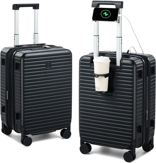 Hard Shell Suitcases Airline Approved 20 Inch Carry on Luggage with Wheels, Expandable Travel Luggage with Cup Holder Charger Built in Lightweight Small Suitcase, Black