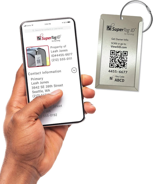 Dynotag® Web Enabled Smart Aluminum Convertible Luggage ID Tag + Braided Steel Loop, with DynoIQ™ & Lifetime Recovery Service (Cool Silver)