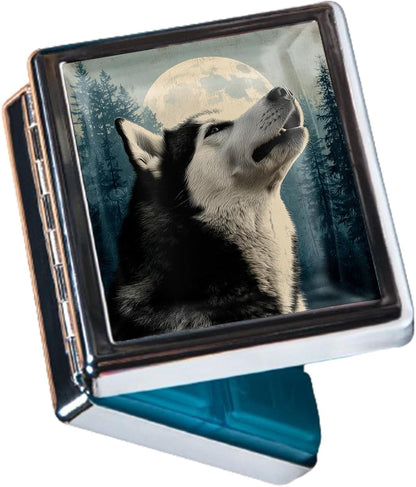 8‑Compartment Metal Pill Box Organizer – Portable Medicine Case 3″×2.6″ | Food‑Grade Dividers | Secure Snap Button Lid | Travel & Gift for Seniors (Howling at The Moon)