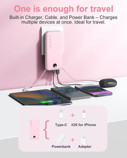Portable Charger Power Bank, 12000mAh 22.5W USB C Power Bank Fast Charging with Built-in Cables and Wall Plug, Travel Essential Battery Pack with LED Display Compatible with iPhone, iPad, Samsung Pink