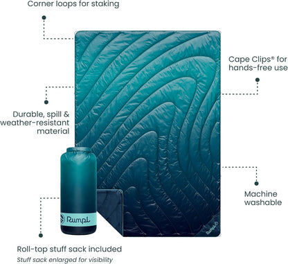 Rumpl Original Puffy Blanket - Warm, Water-Resistant Camping Blanket with 100% Recycled Synthetic Insulation, 52"x75", Original Puffy V2, Ocean Fade