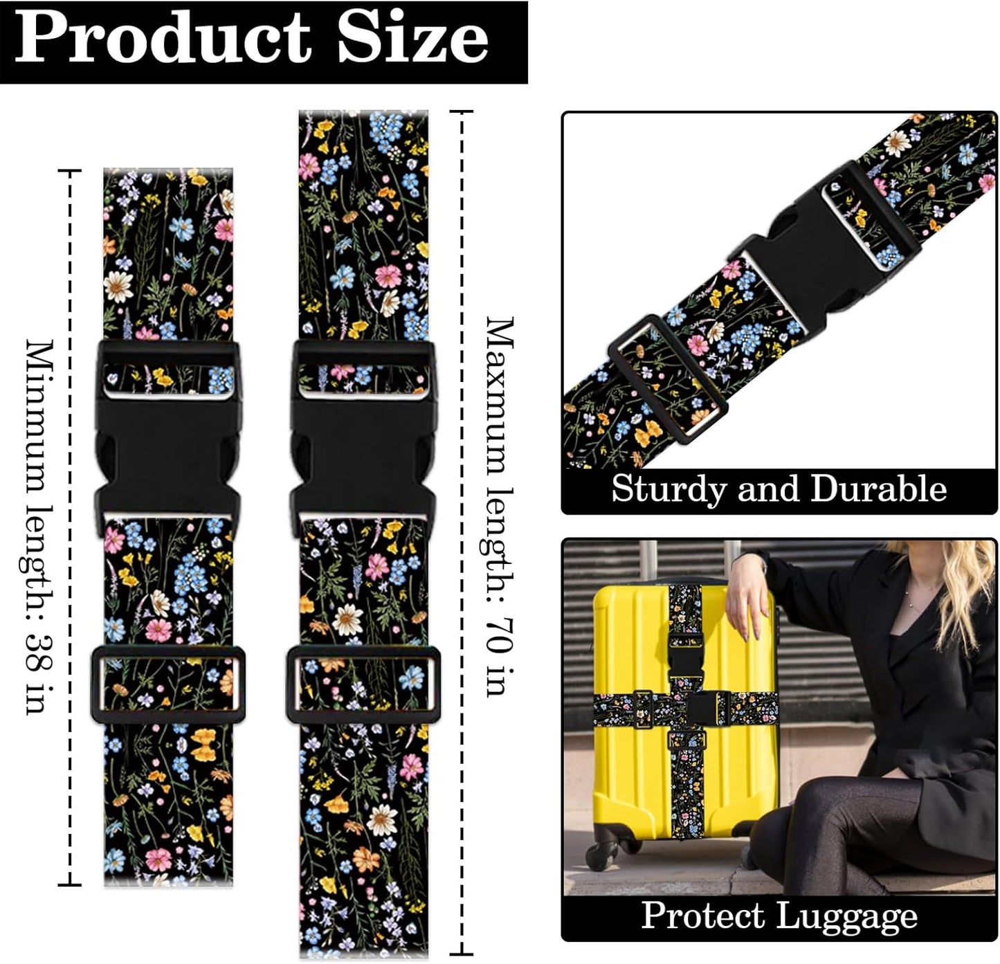 2 Pack Wildflower Luggage Straps for Suitcases Adjustable Travel Belt Luggage Tie Carry On Bag Suitcase Strap to Keep Suitcase Secure While Traveling