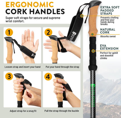 100% Carbon Fiber Trekking Poles by USA Brand - Ultra Strong Lightweight Collapsible Hiking Poles with Cork and EVA Foam Grips & Quick Adjustable Flip Locks