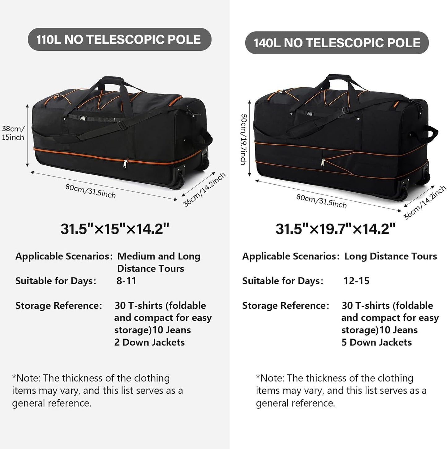 Vomgomfom 32" Soft-Sided Foldable Wheeled Travel Duffel Bag,Expandable 110L to 140L Rolling Cargo Bag with 2 Wheels and Multiple Pockets,Black-orange