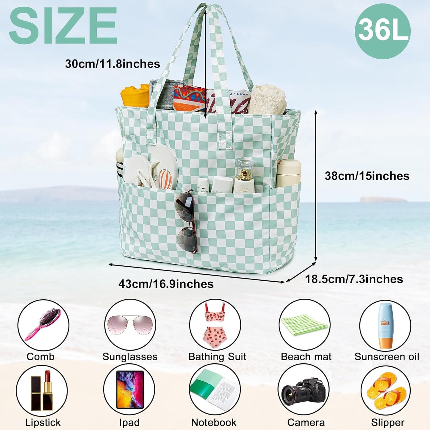 CAMTOP Waterproof Beach Tote Bag for Women Girls with Zipper Foldable Sandproof Pool Swim Bag Travel Carry On Gym
