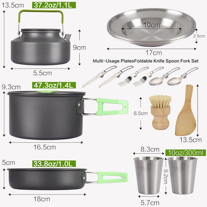 PELLOR Camping Cookware Set, 17pcs Portable Camping Mess Kit with Non-Stick Aluminum Pots, Pans Set and Folding Fork, Lightweight Backpacking Camping Gear for Outdoor/Camping/Picnic/Hiking