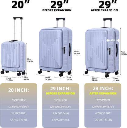 2 Pieces 20/29 Luggage Sets, 20 Inch Cabin Luggage with Front Pocket & 29 Inch Side Opening Suitcase, Ligthweight ABS+PC Hardshell, TSA Lock with HINOMOTO 360° Wheels, Lilac Purple