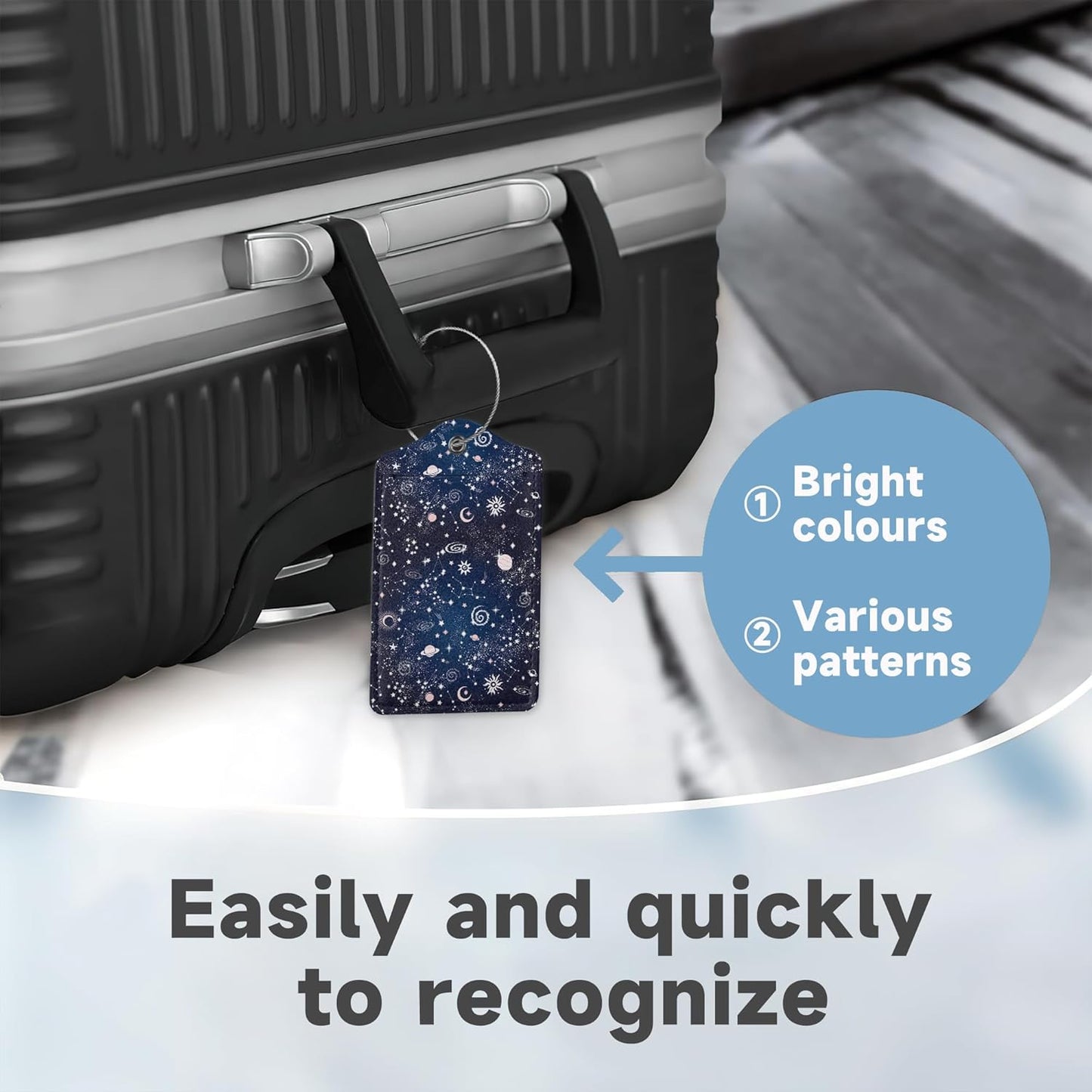 Space Moon Luggage Tags for Suitcases,2 Pack Planets Luggage Tag,Leather Stainless Steel Loop Label Tag for Women Men Girls Travel Bag Suitcase