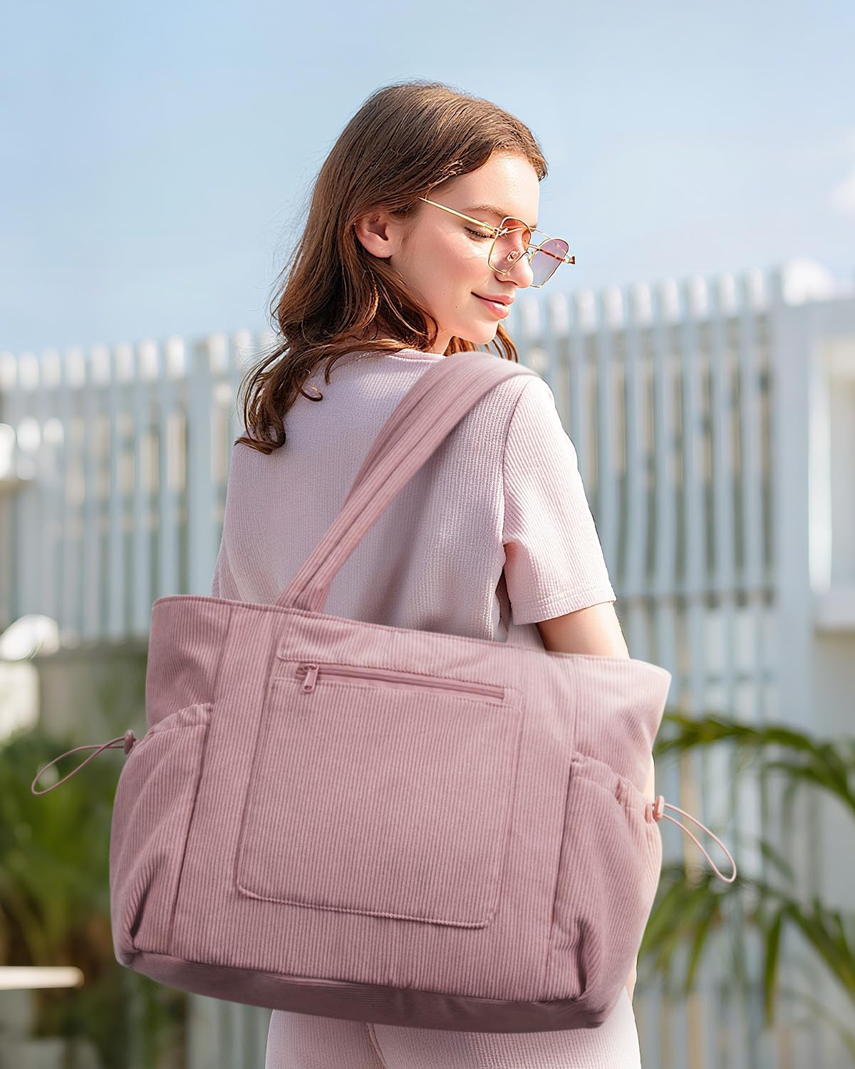 ECOHUB Tote Bag for Women, Work Tote Bags with Laptop Compartment, Large Corduroy Tote Bag with Stanley Cup Holder