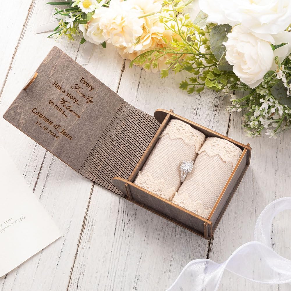 Personalized Double Ring Box – Rustic Wooden Engagement & Wedding Ring Holder with Wedding Ring Bearer Pillow - Engraved Proposal Jewelry Case Gift
