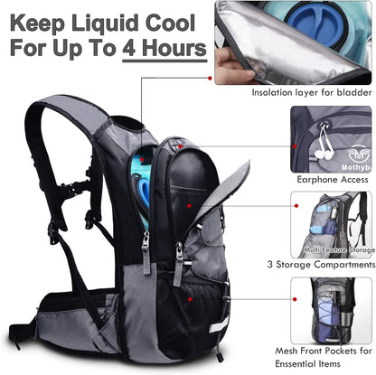 Insulated Hydration Backpack Pack with 3L BPA Free Leak Proof Water Bladder, Large Storage Lightweight Hiking Daypack with Waist Pouches & Cooler Layer, for Running, Biking, Camping, Festival