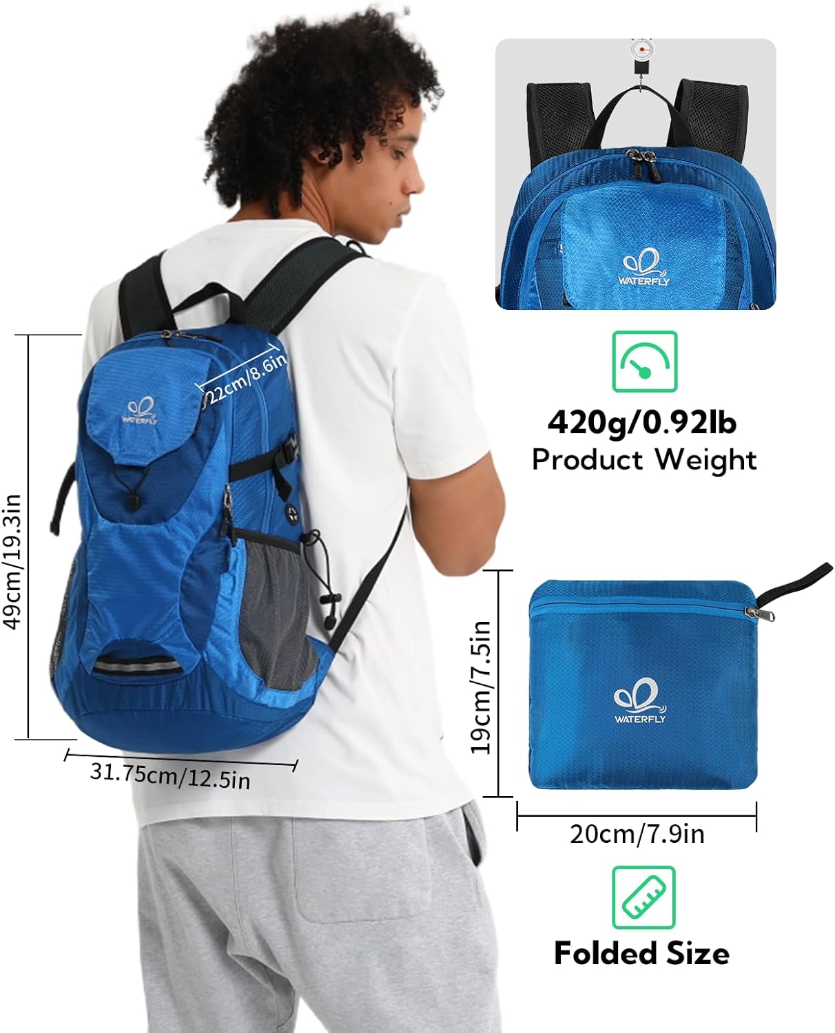 WATERFLY Lightweight Packable Hiking Backpack: 30L Foldable Travel Daypack Ultralight Camping Day Pack for Woman Man