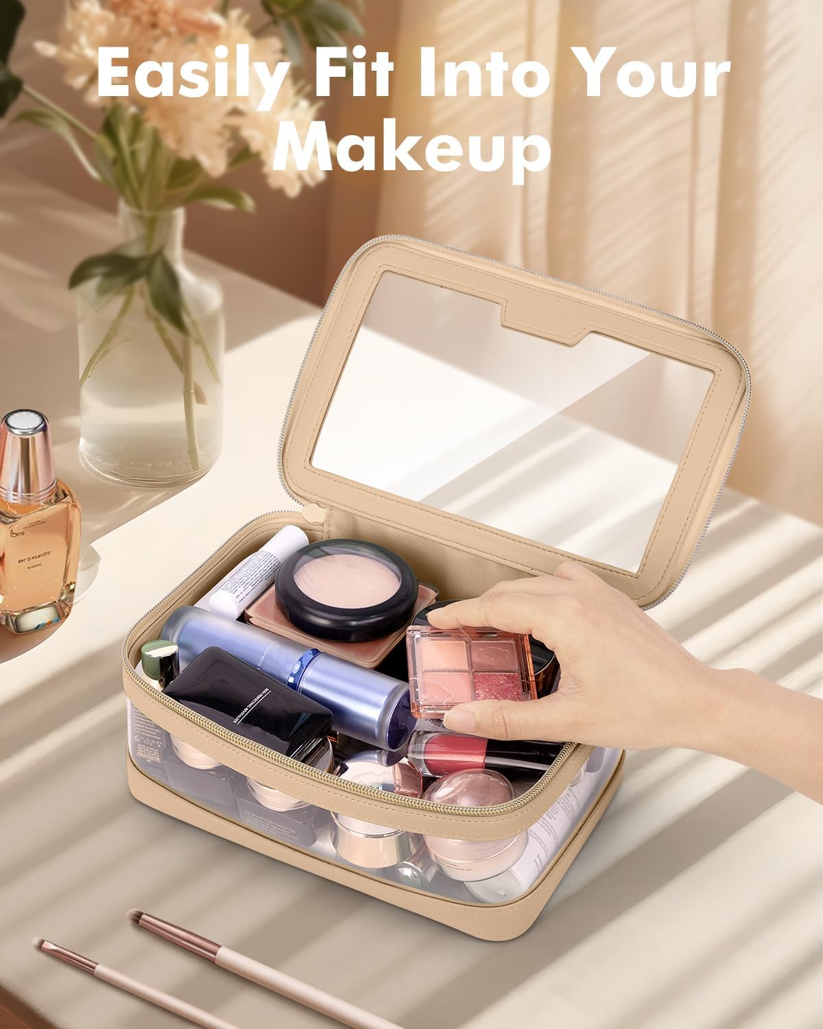Travel Clear Makeup Bag with Makeup Brush Bag, Leather Makeup Case Toiletry Bag, Portable Cosmetic Bag Case, Transparent Waterproof Cosmetic Organizer Storage Bag for Women, Khaki