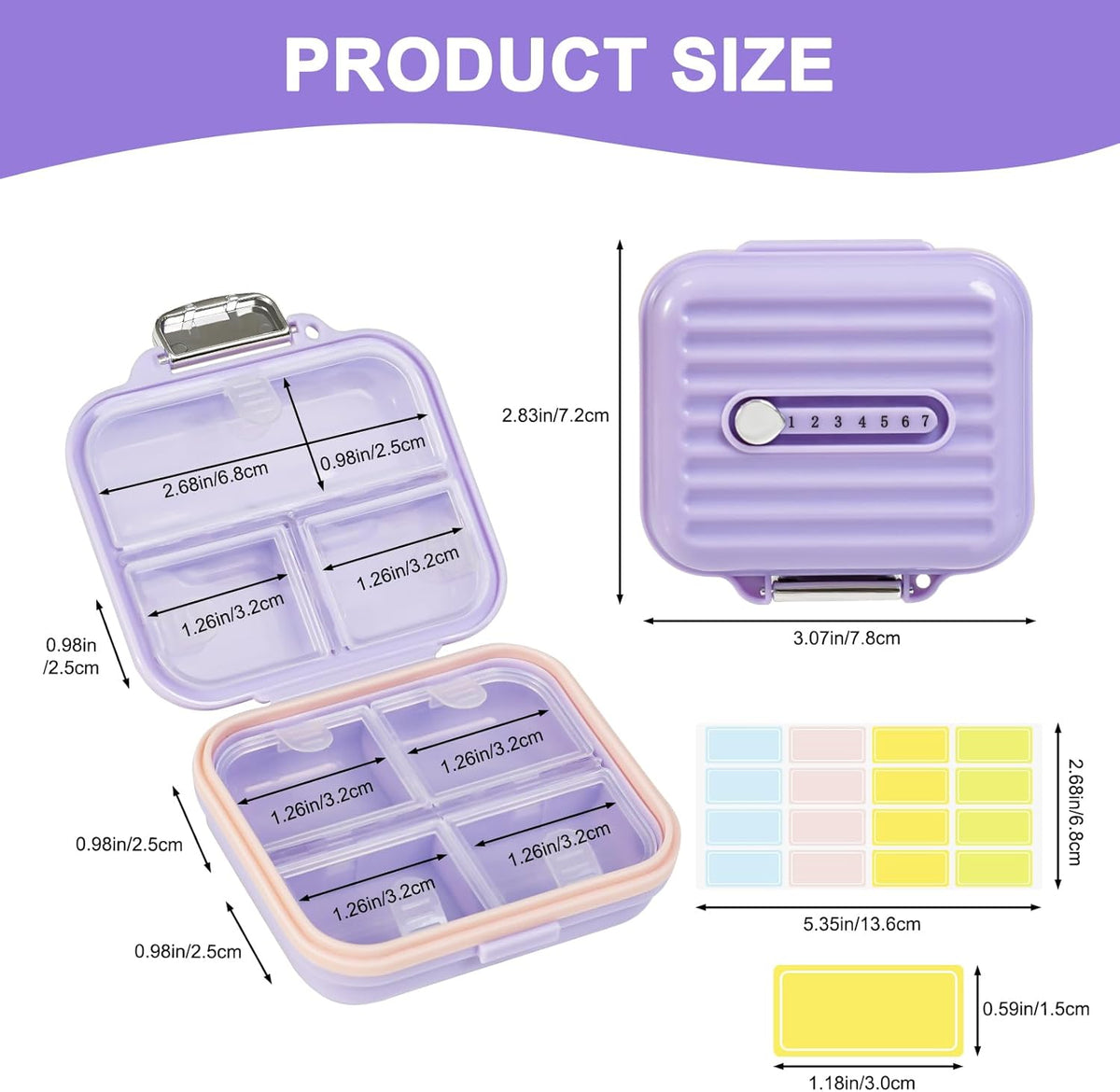 Travel Pill Organizer Box with Labels, 7 Compartments Portable Mini Pill Case, Daily Medication Organizer Storage Pill Container for Pocket Pharmacy(Purple, S)