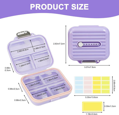 Travel Pill Organizer Box with Labels, 7 Compartments Portable Mini Pill Case, Daily Medication Organizer Storage Pill Container for Pocket Pharmacy(Purple, S)